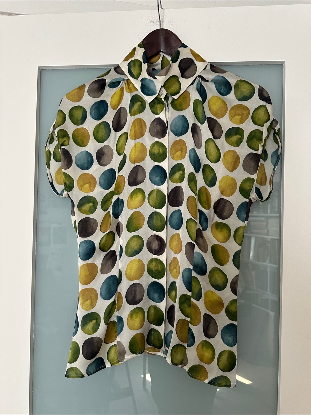 BOSS 100% silk Short Sleeve Button Down Shirt - Green, Blue, Yellow, Gray